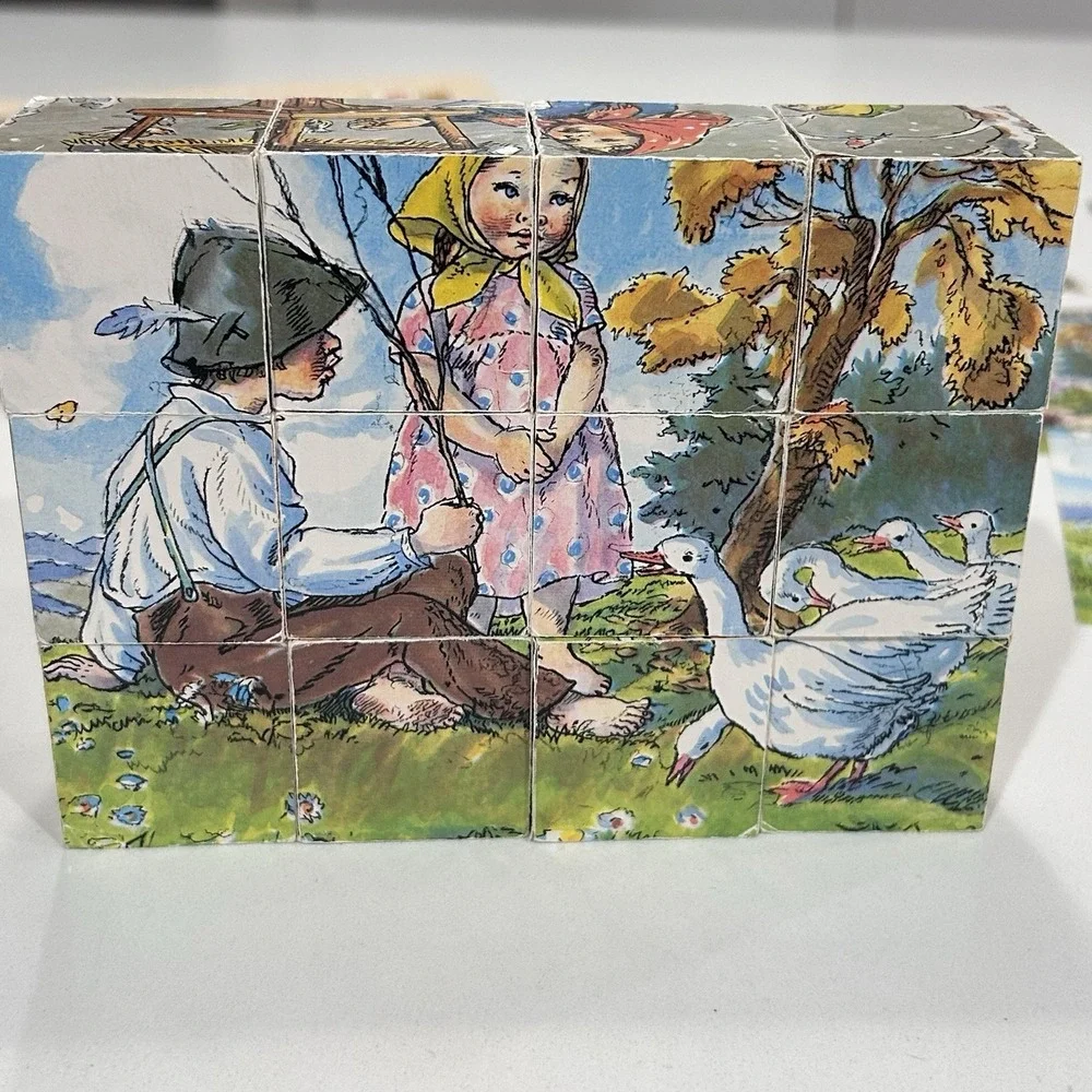 Vtg Czech Wood Block Puzzle 12 Cubes 6 Puzzles Artist Marie Fischerova Kvachova